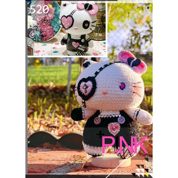 Hello Kitty Black Pink Style Crochet Doll | Handmade Gothic Hello Kitty - Picture 3 of 11